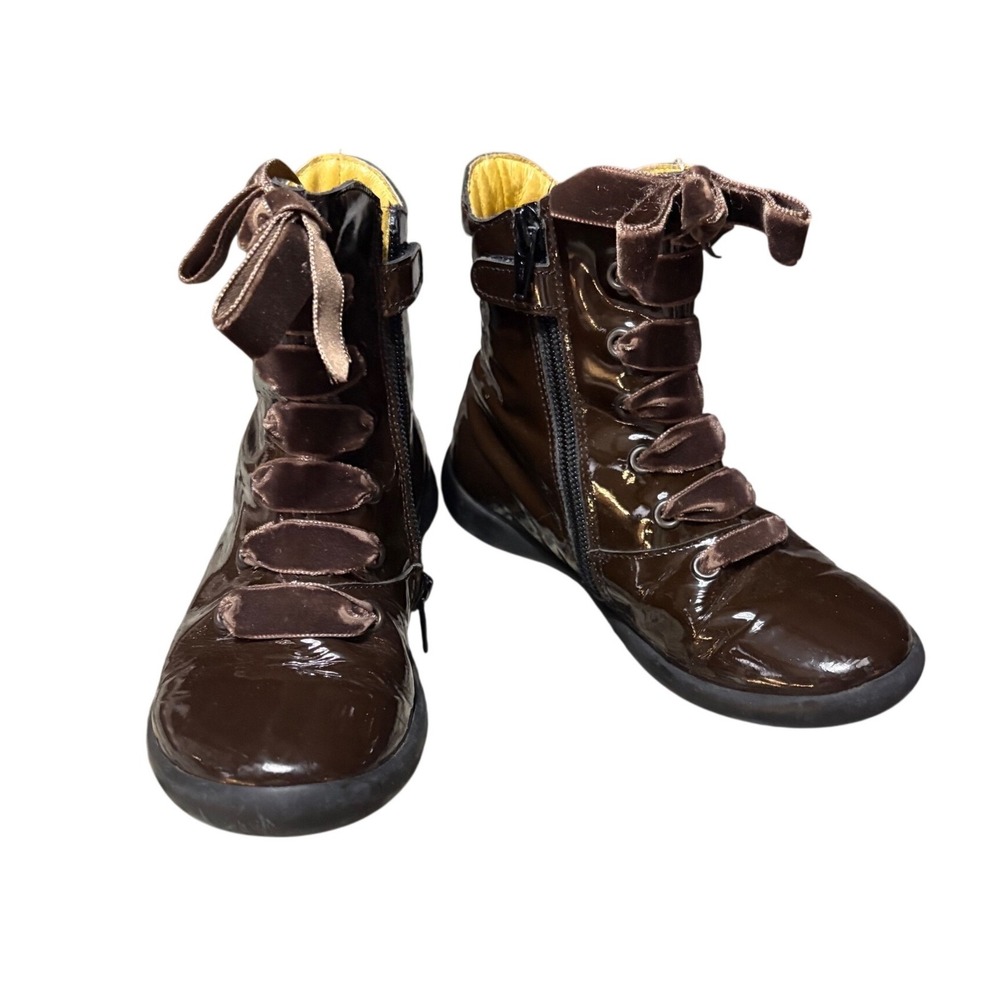 Mod8 Patent Leather Boots Kids Size 30 Brown Good Velvet Ribbon Lace Zip Combat